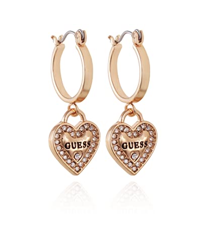 GUESS Goldtone Logo Heart Dangle Charm Hoop Earrings