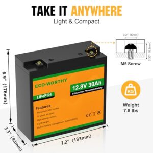 ECO-WORTHY 12V 30AH LiFePO4 Battery, Rechargeable Lithium Ion Phosphate Deep Cycle Battery for Trolling Motor, Golf Gart, Kids Scooters, Power Wheelchairs, Replacement of 12V 35AH SLA Battery