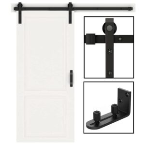 WINSOON 8FT Antique Single Sliding Barn Door Hardware Roller Track Kit with 1 Pcs New Sliding Barn Door Floor Guides Adjustable Stay Roller Set