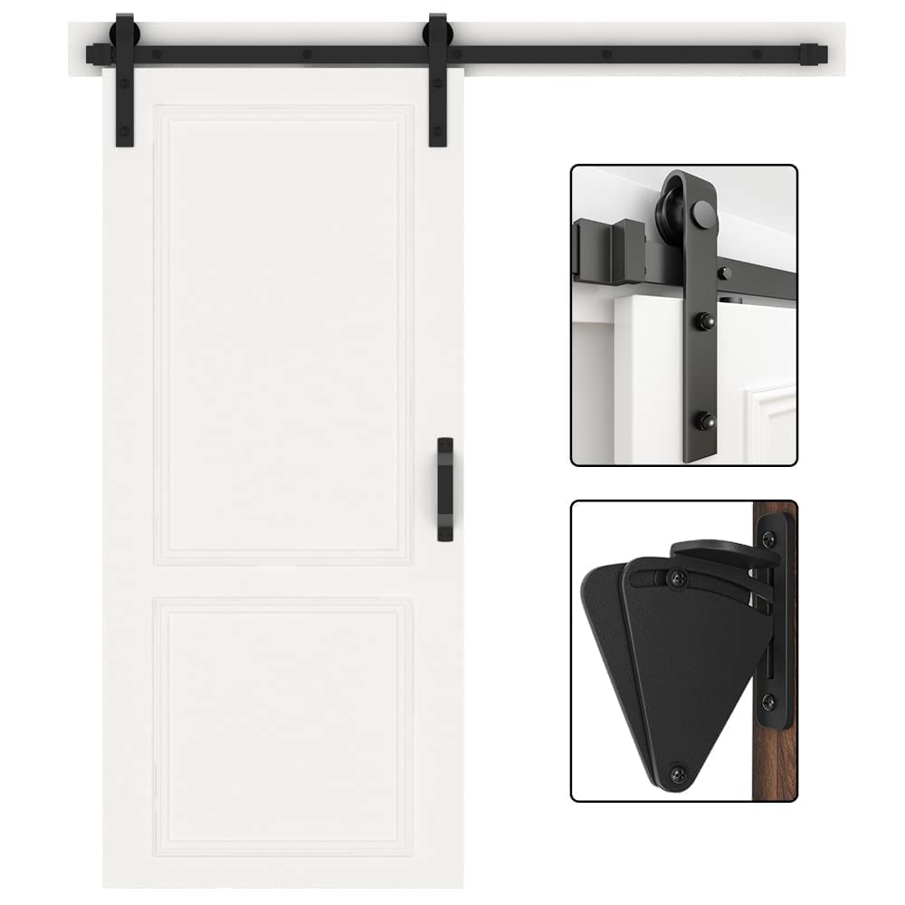 WINSOON 9FT Single Wood Sliding Barn Door Hardware Basic Black Big Spoke Wheel Roller Flat Track Kit with Barn Door Lock Hardware Black Steel Sliding Privacy Latch