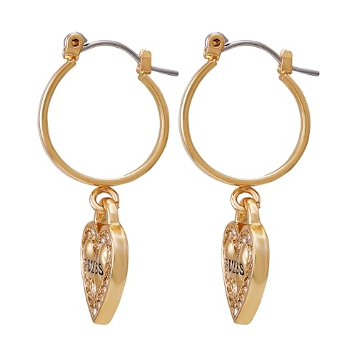 GUESS Goldtone Logo Heart Dangle Charm Hoop Earrings