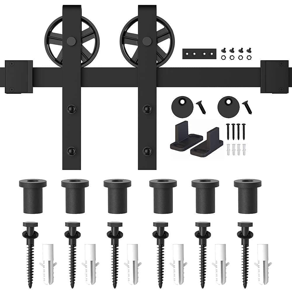 WINSOON 8FT Single Wood Sliding Barn Door Hardware Black Big Wheel Kit with 1 Pcs New Sliding Barn Door Floor Guides Adjustable Stay Roller Hardware Set