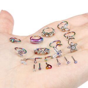 Oicctyzio 20g Nose Rings Studs Hoops for Women Surgical Stainless Steel l Shaped Nose Studs Screw Straight Nose Rings Star Butterfly Opal Heart Nose Ring Studs Nostril Piercing Jewelry Hypoallergenic