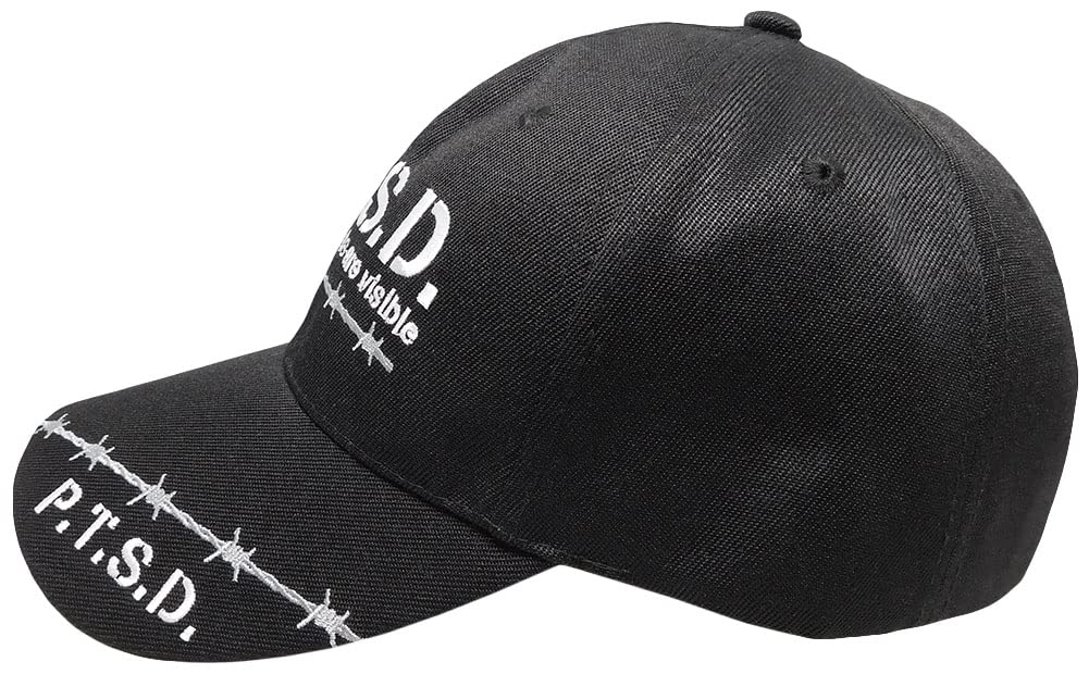 P.T.S.D. Not All Wounds are Visible Black Barb Barbed Wire Acrylic Adjustable Embroidered Cap Hat