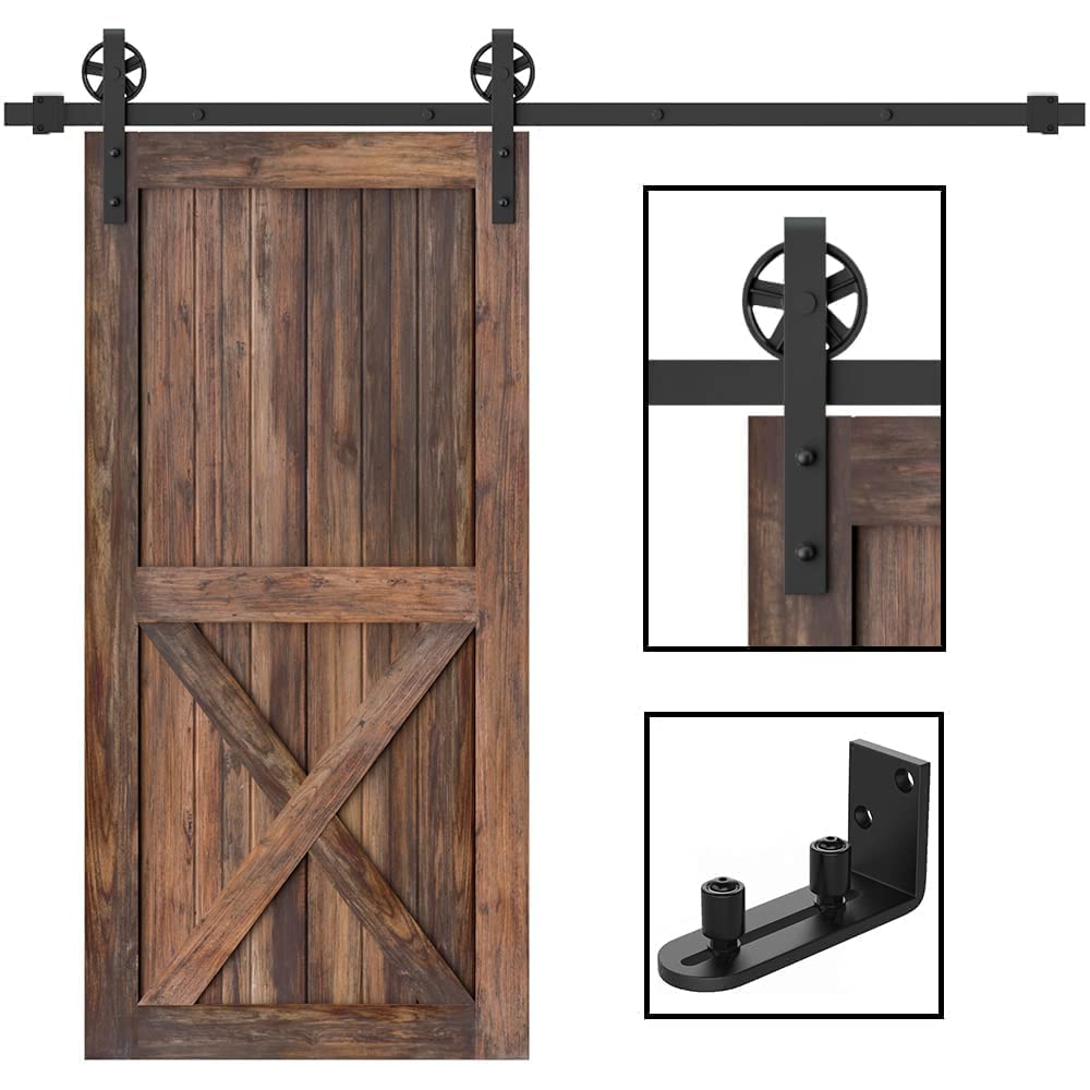 WINSOON 8FT Single Wood Sliding Barn Door Hardware Black Big Wheel Kit with 1 Pcs New Sliding Barn Door Floor Guides Adjustable Stay Roller Hardware Set