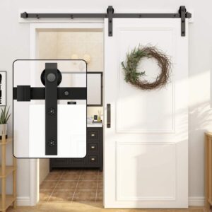 WINSOON 9FT Single Wood Sliding Barn Door Hardware Basic Black Big Spoke Wheel Roller Flat Track Kit with Barn Door Lock Hardware Black Steel Sliding Privacy Latch