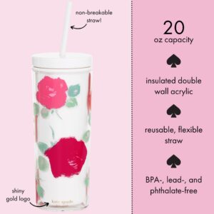 Kate Spade New York Floral Acrylic Tumbler with Lid and Straw, 20 oz Tumbler, Slim Double Wall Tumbler, Brushy Rose