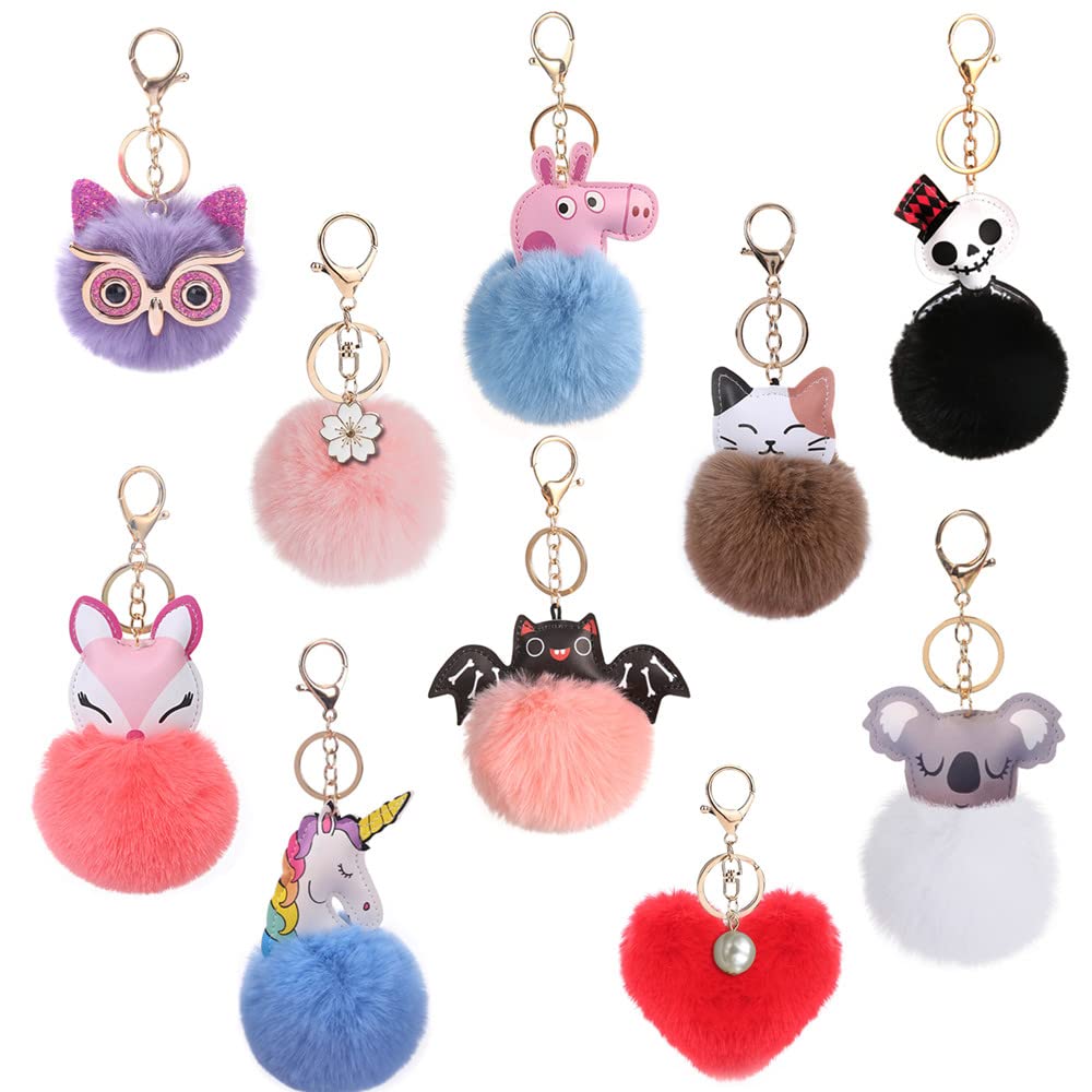 Plzoslly 10 Pieces Animal Pom Pom Keychain Cute Fluffy Key Ring, Unicorn Keychain Heart Pompom Keyrings Ball Fluffy Fur Fluffy Key Ring for Women Girls Bag Accessories