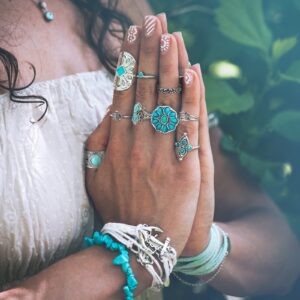 78 Pcs Vintage Turquoise Rings Set Women Western Rings Bohemian Silver Oval Gemstone Rings Boho Joint Knuckle Rings Midi Stacking Rings for Women