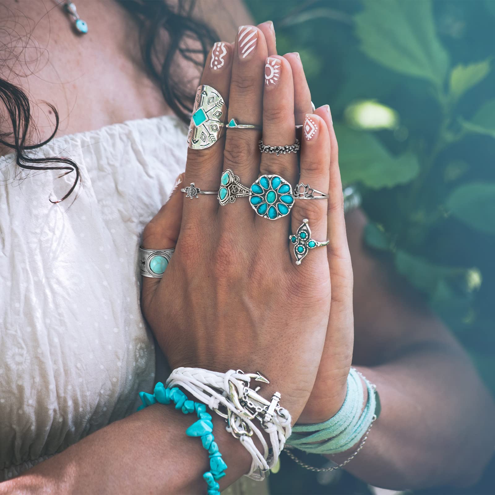 78 Pcs Vintage Turquoise Rings Set Women Western Rings Bohemian Silver Oval Gemstone Rings Boho Joint Knuckle Rings Midi Stacking Rings for Women