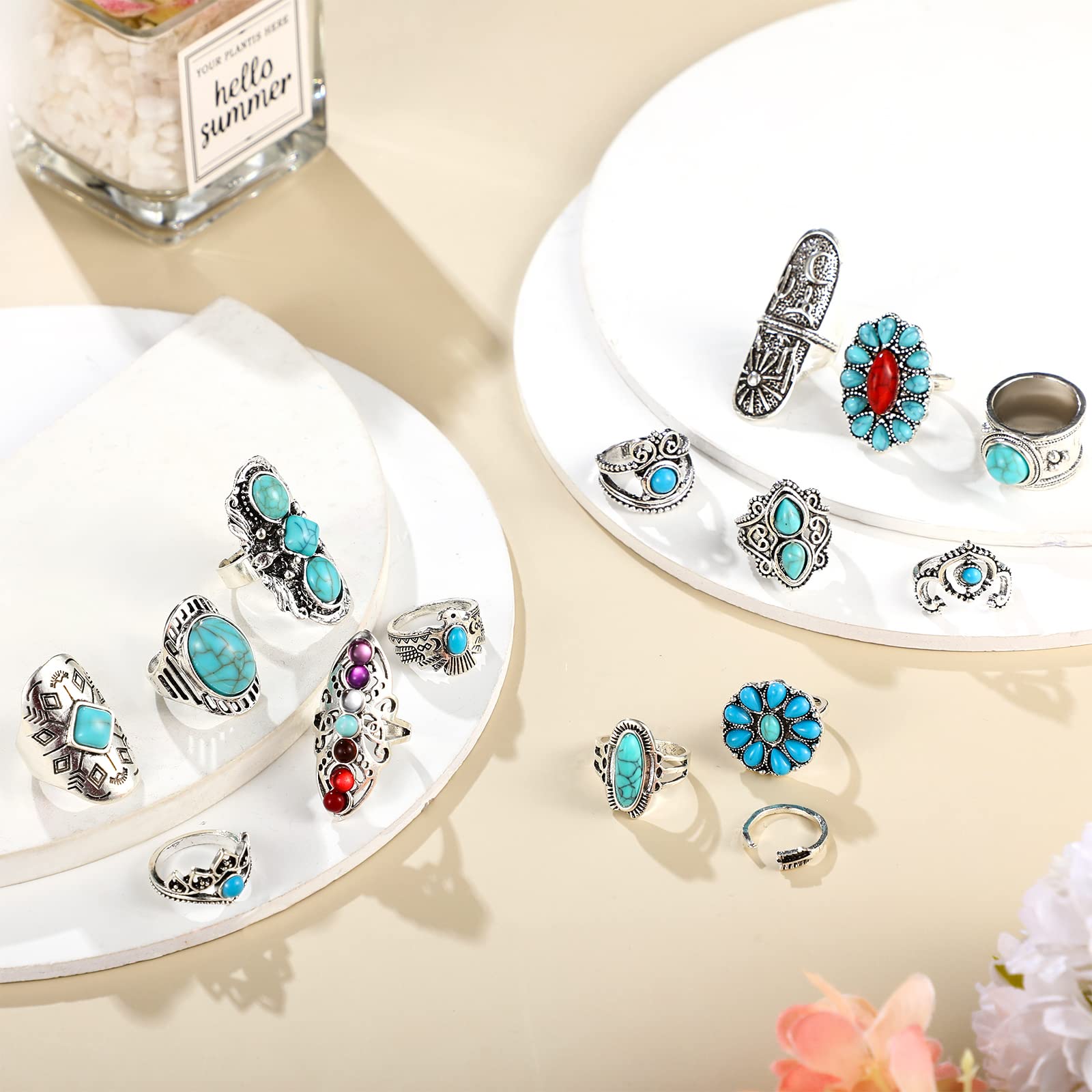 78 Pcs Vintage Turquoise Rings Set Women Western Rings Bohemian Silver Oval Gemstone Rings Boho Joint Knuckle Rings Midi Stacking Rings for Women