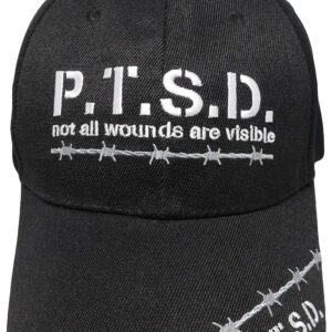 P.T.S.D. Not All Wounds are Visible Black Barb Barbed Wire Acrylic Adjustable Embroidered Cap Hat