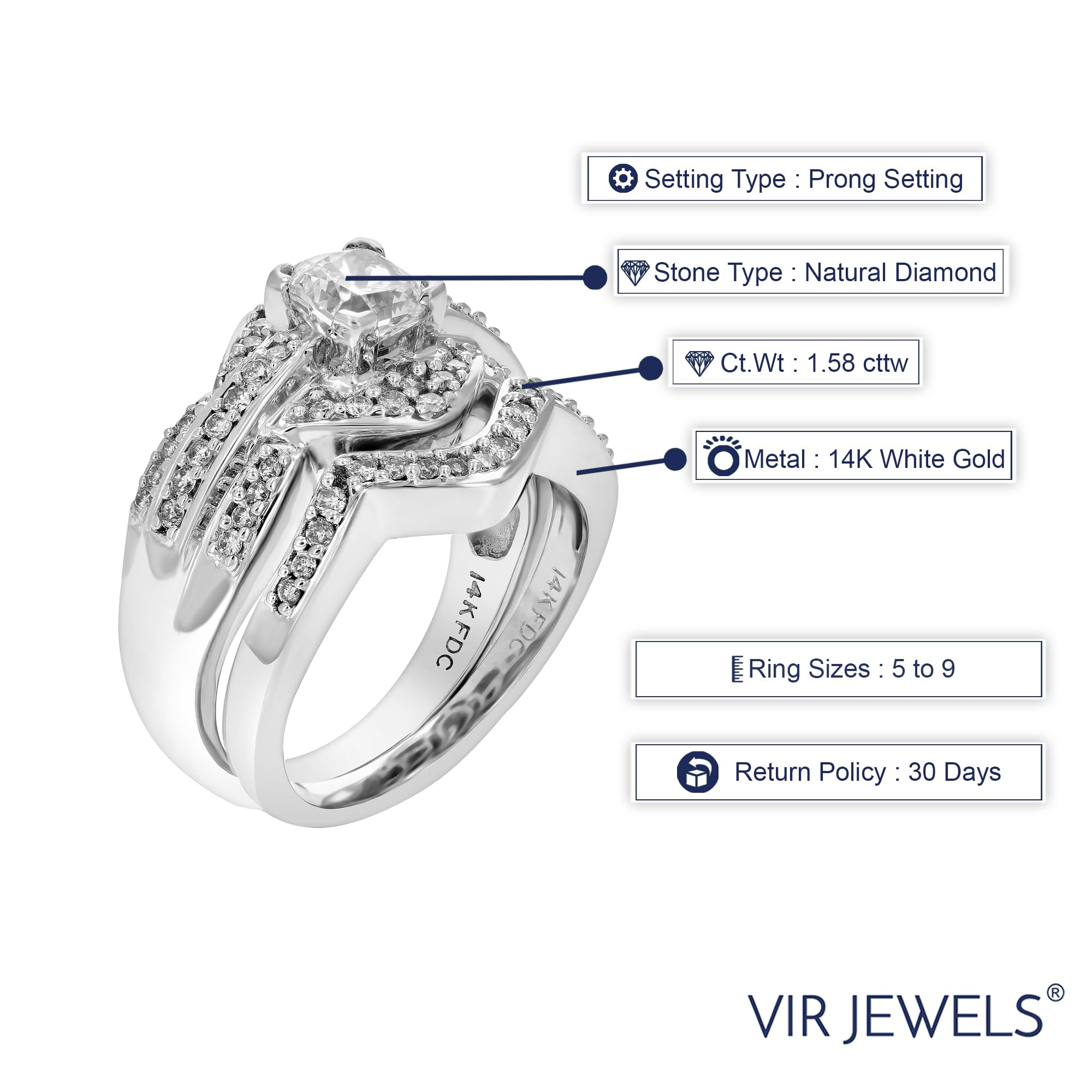 Vir Jewels 1.58 cttw VS2 Diamond Wedding Engagement Ring Bridal Set 14K White Gold Size 7.5