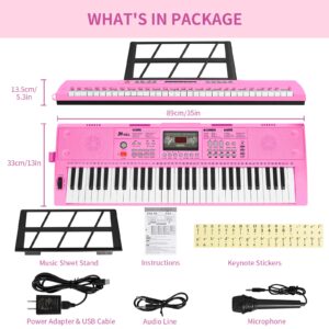 24HOCL 61 Key Premium Electric Keyboard Piano for Beginners with Stand, Built-in Dual Speakers, Microphone, Headphone, Stand & Display Panel (Pink)