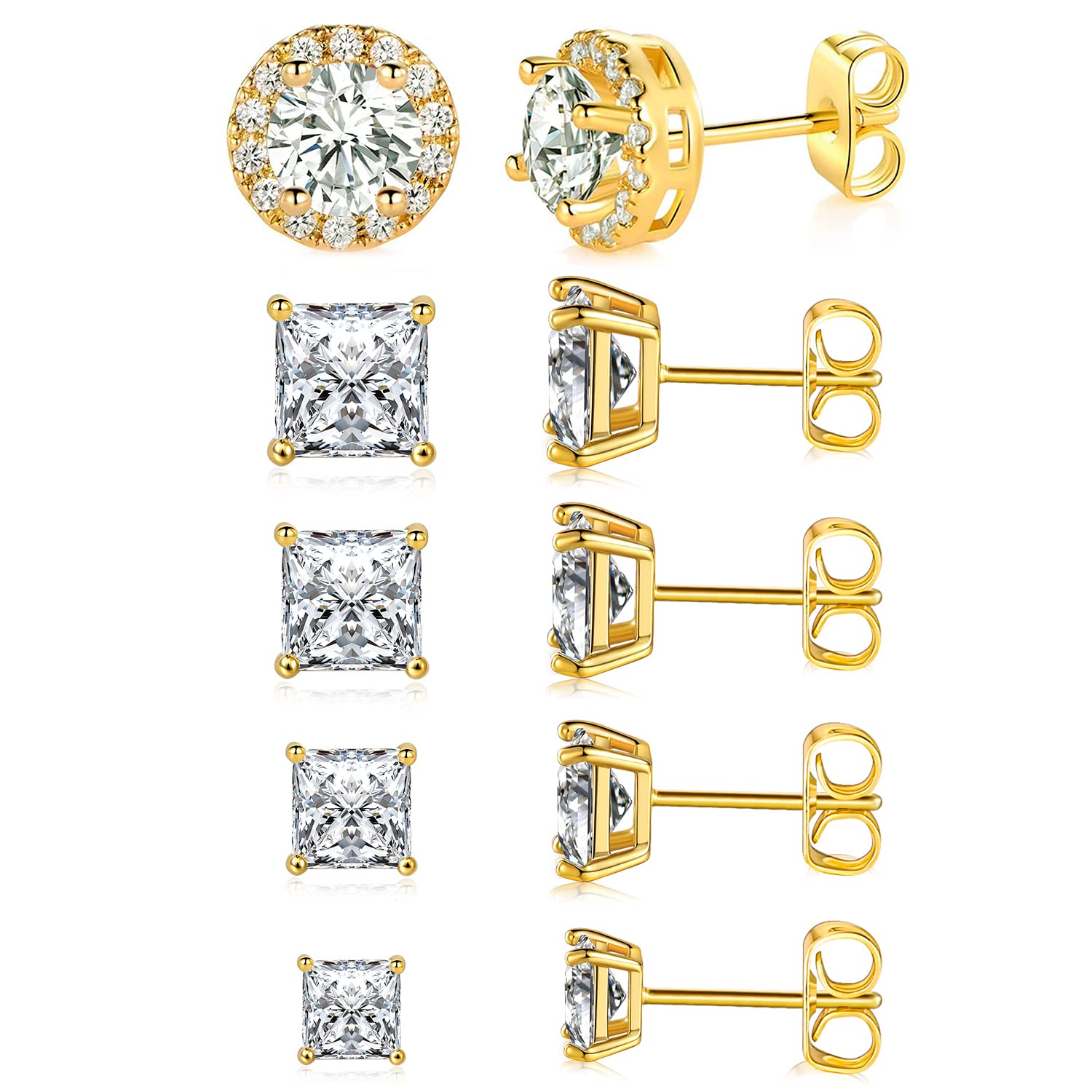 18K Gold Plated Earrings Princess Cut Cubic Zirconia Stud Earrings Set Simulated Diamond Halo Studs for Women Men Hypoallergenic Jewelry Pack of 5