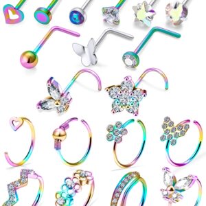 Oicctyzio 20g Nose Rings Studs Hoops for Women Surgical Stainless Steel l Shaped Nose Studs Screw Straight Nose Rings Star Butterfly Opal Heart Nose Ring Studs Nostril Piercing Jewelry Hypoallergenic