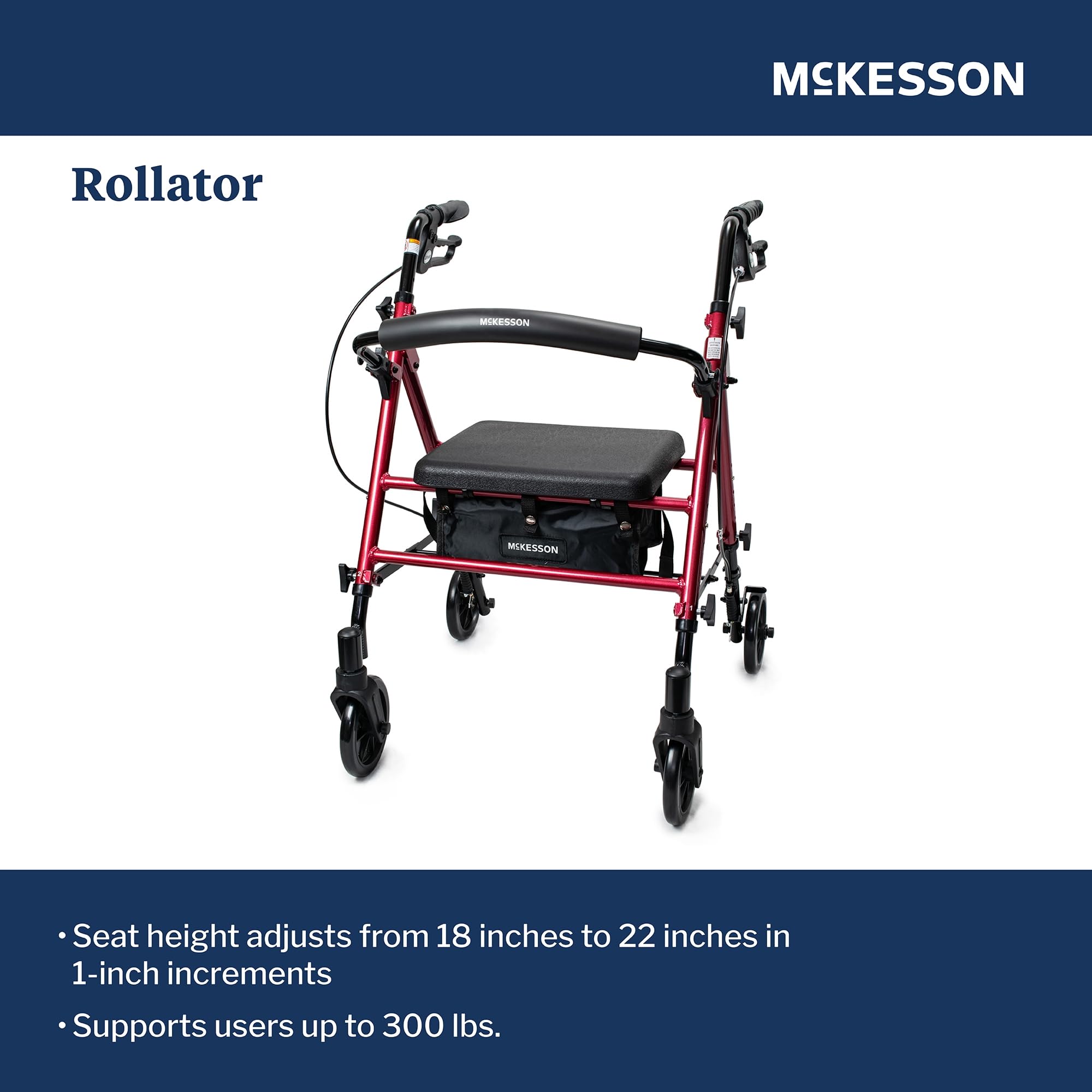 McKesson Lightweight Rollator - Walker with Wheels, Seat, Storage - Adjustable Height, 1 Count