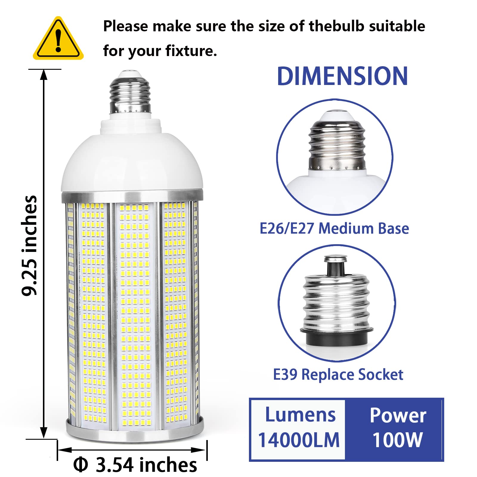 100W LED Corn Bulb, E26/E39 Mogul Base Lamp, 14000LM,5000K Daylight,AC85-265V, Replacement 350-400 Watt Metal Halide HID HPS CFL for Warehouse Parking Lot High Bay Light Fixture Garage Workshop