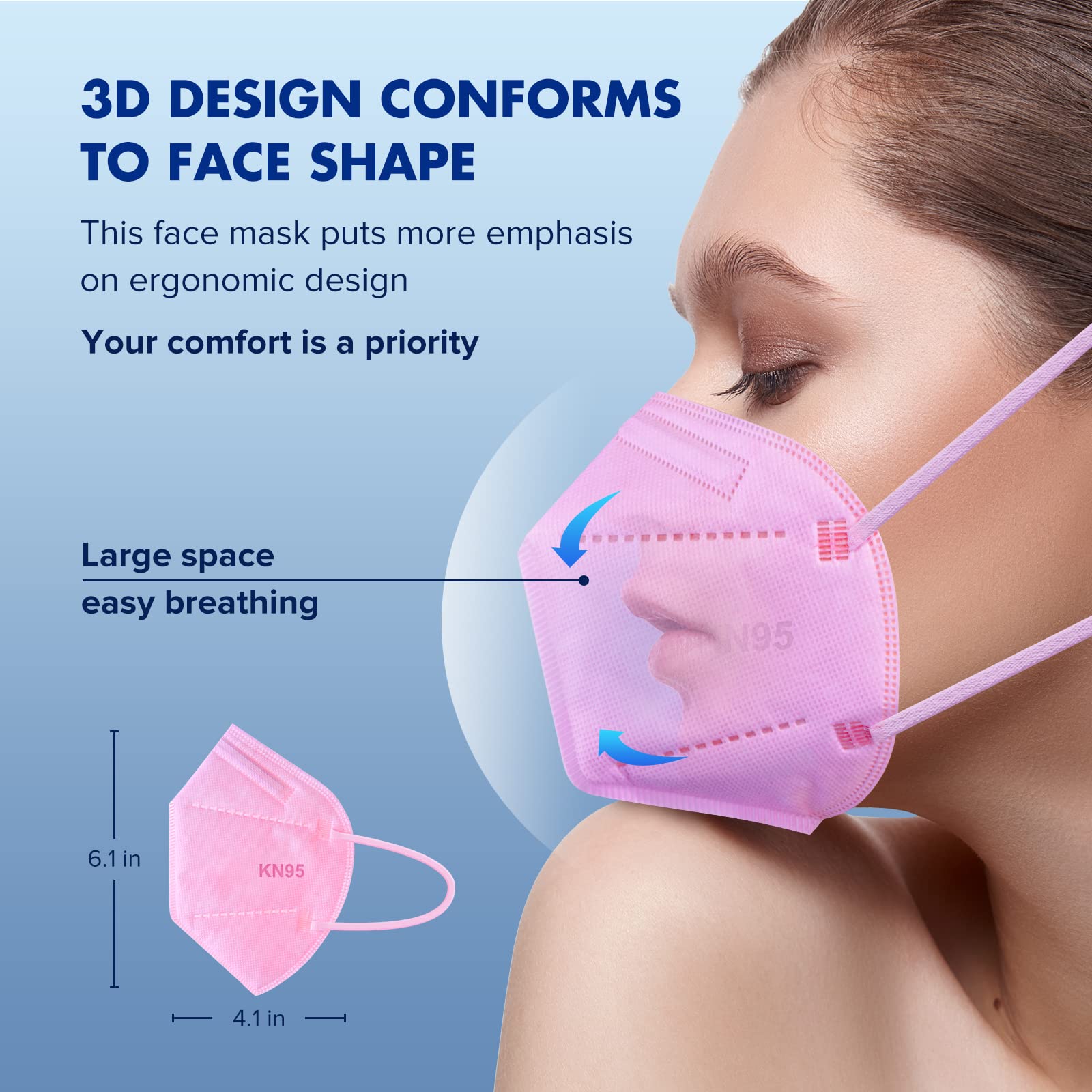 ctc connexions KN95 Face Mask 20pcs 5-Ply Cup Dust Face Mask Filtration Efficiency ≥95% with Elastic Ear Loop and Nose Bridge Clip Individually Packaged(Pink)