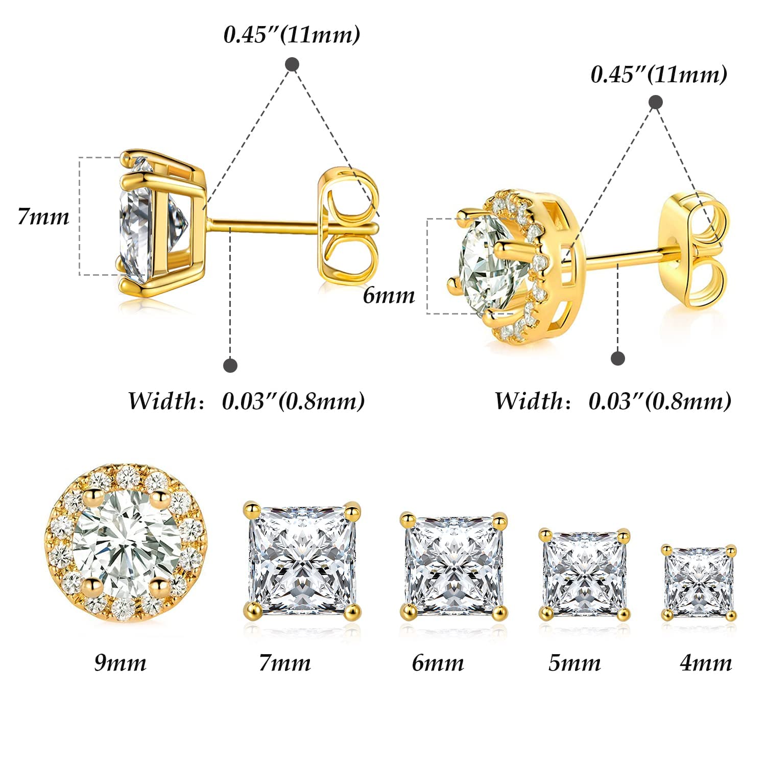 18K Gold Plated Earrings Princess Cut Cubic Zirconia Stud Earrings Set Simulated Diamond Halo Studs for Women Men Hypoallergenic Jewelry Pack of 5