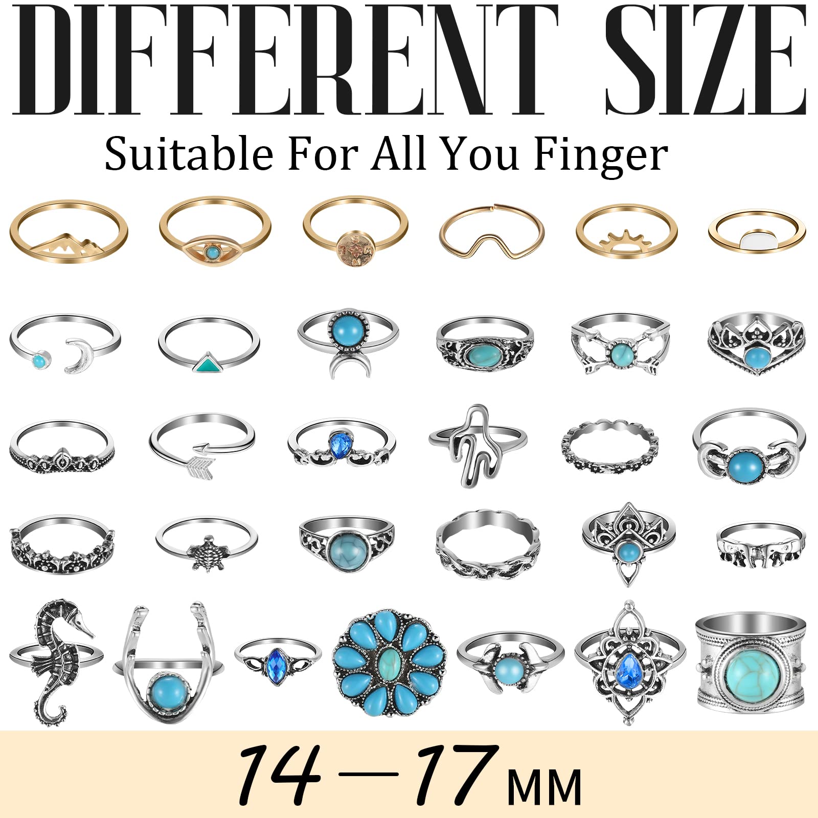 78 Pcs Vintage Turquoise Rings Set Women Western Rings Bohemian Silver Oval Gemstone Rings Boho Joint Knuckle Rings Midi Stacking Rings for Women