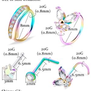 Oicctyzio 20g Nose Rings Studs Hoops for Women Surgical Stainless Steel l Shaped Nose Studs Screw Straight Nose Rings Star Butterfly Opal Heart Nose Ring Studs Nostril Piercing Jewelry Hypoallergenic