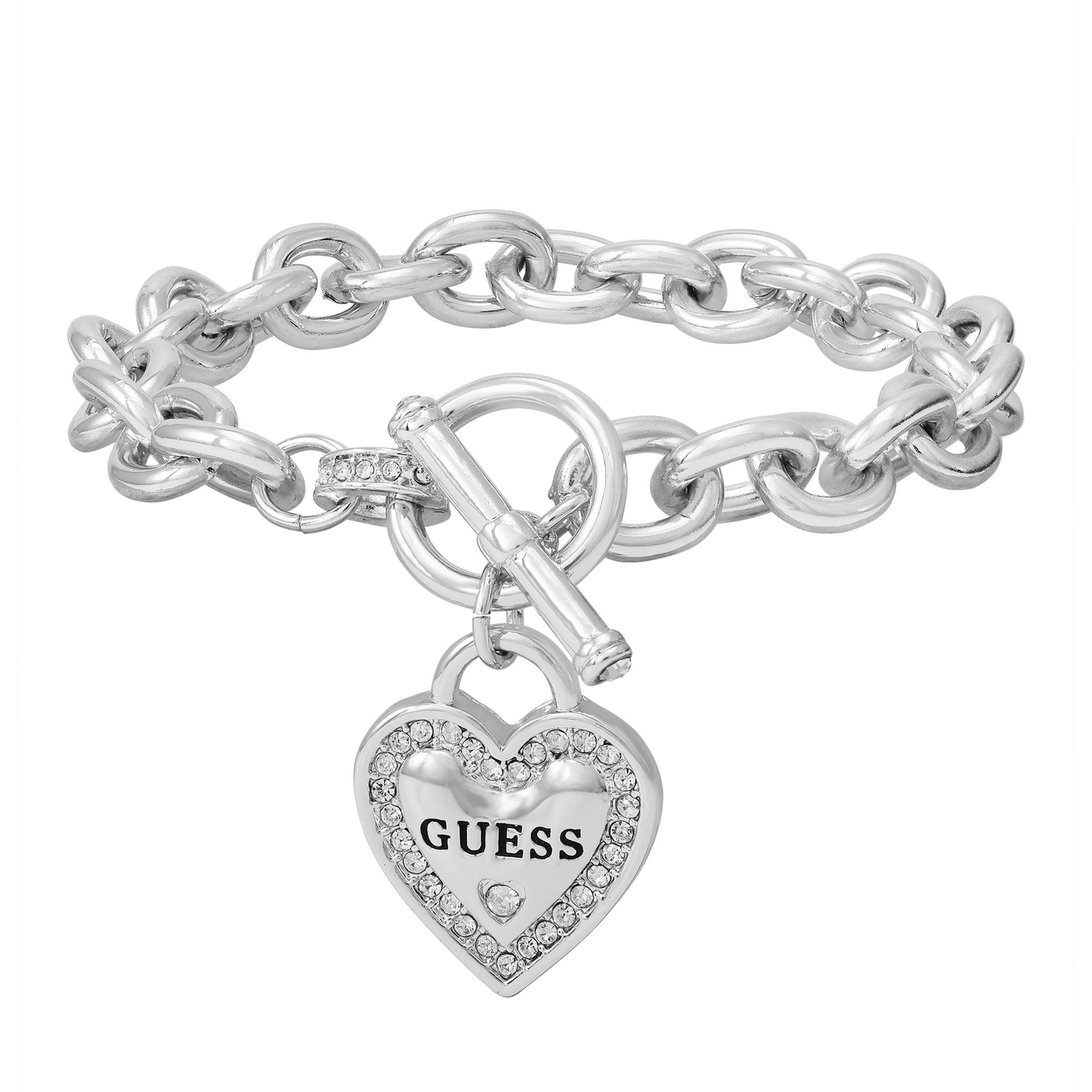 GUESS Silvertone Heart Logo Charm Toggle Bracelet