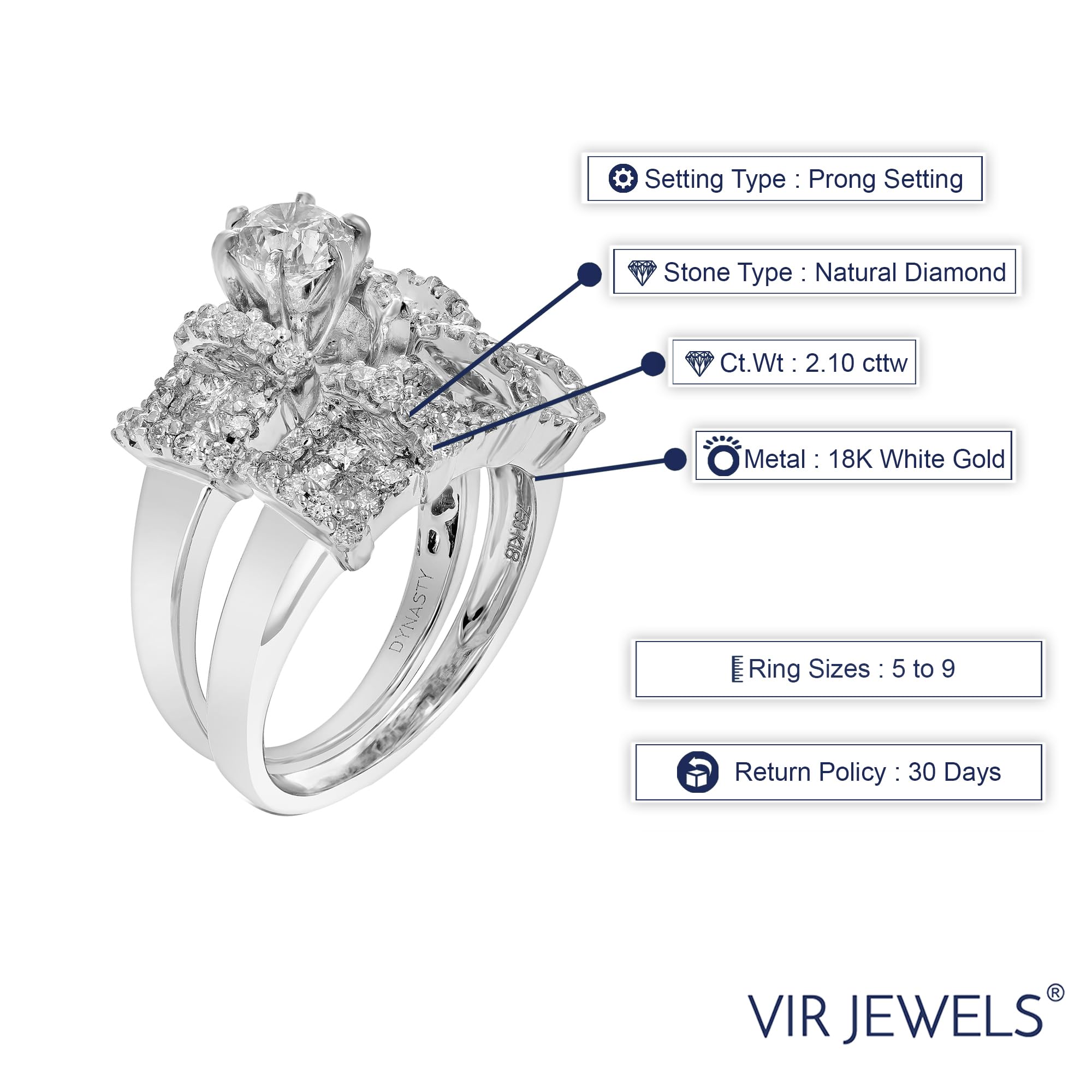 Vir Jewels 2.10 cttw SI2 Diamond Wedding Engagement Ring Bridal Set 18K White Gold Size 7