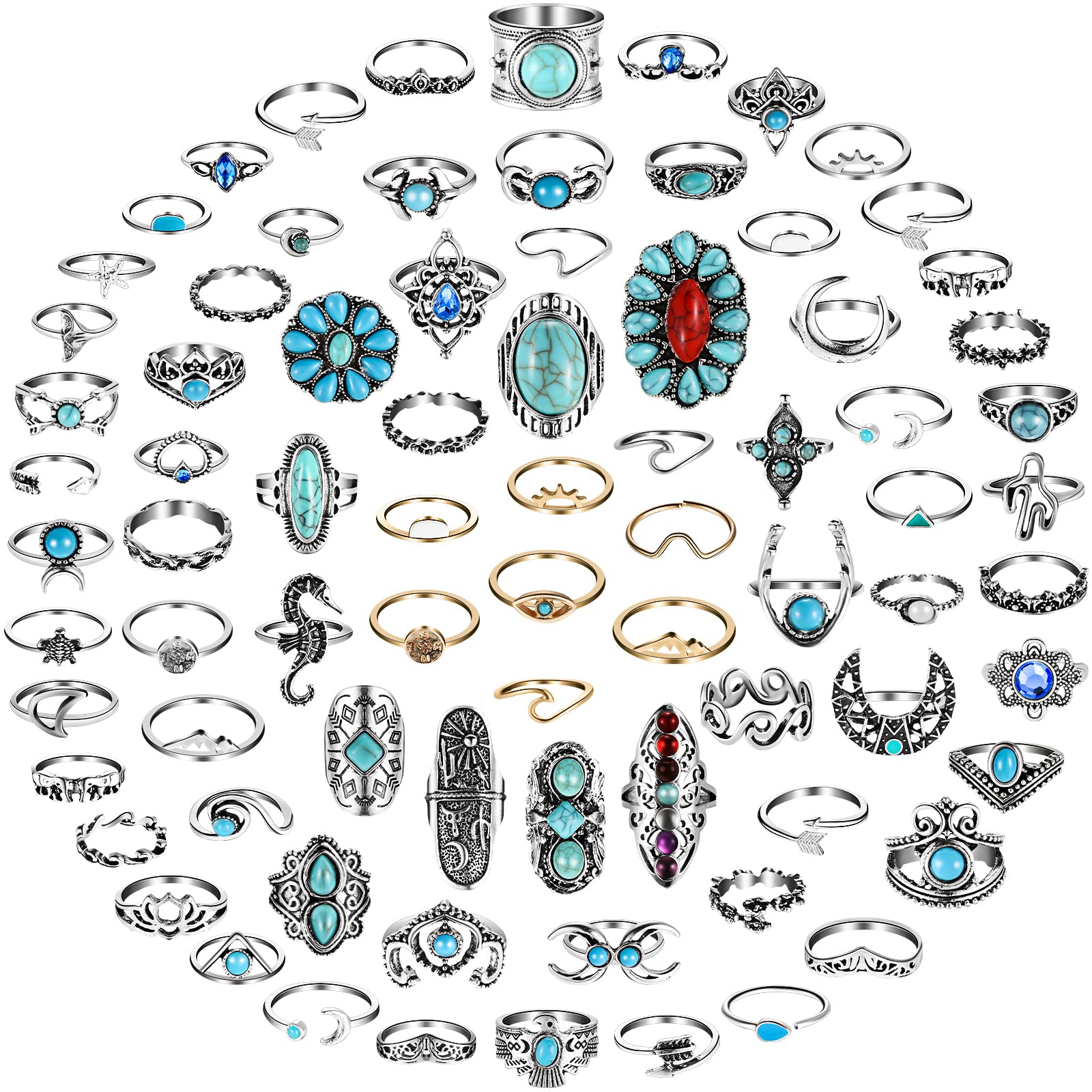 78 Pcs Vintage Turquoise Rings Set Women Western Rings Bohemian Silver Oval Gemstone Rings Boho Joint Knuckle Rings Midi Stacking Rings for Women