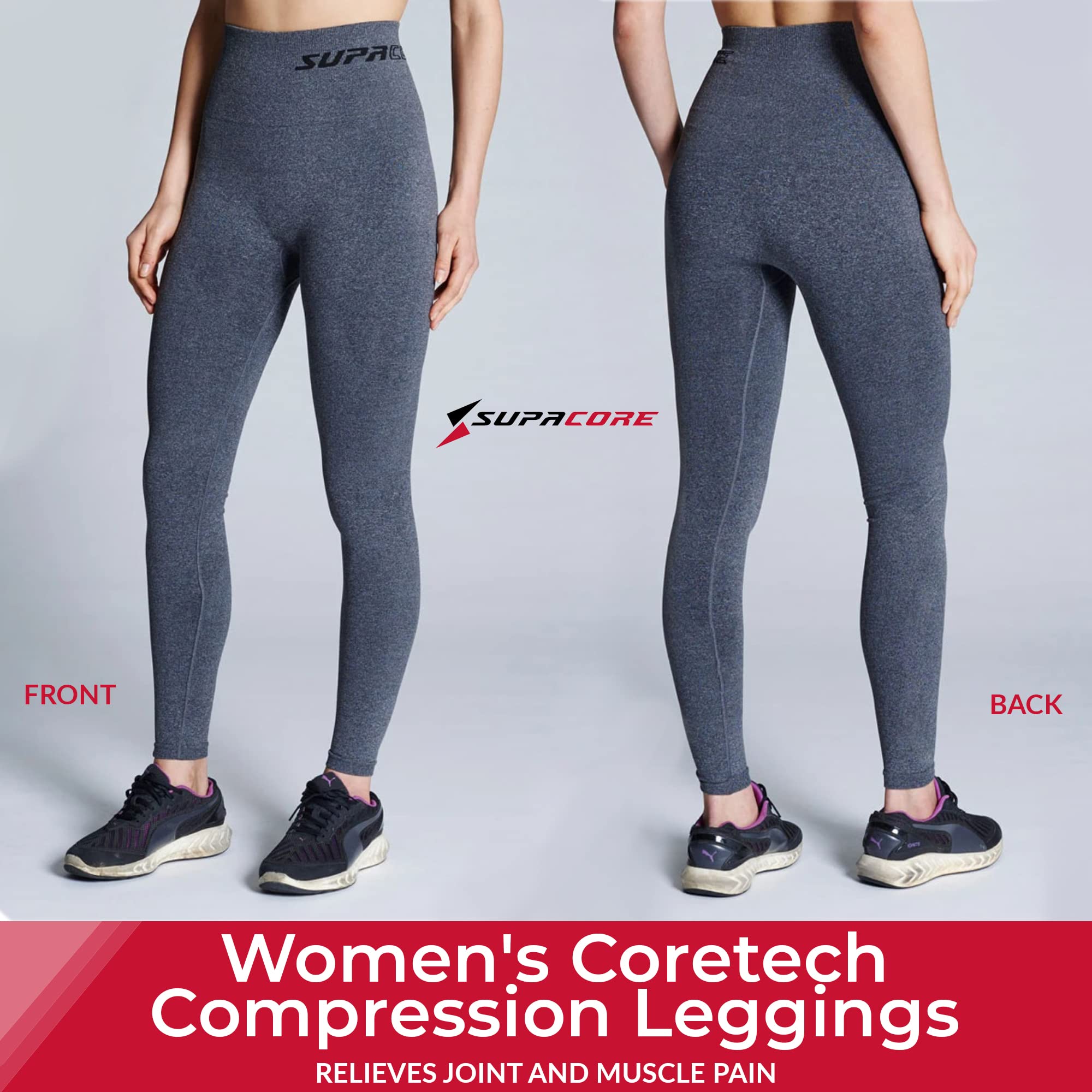 SUPACORE Women's Abdominal Support Postpartum Compression Leggings - Seamless, SI Belt Hip Stability, Joint & Muscle Support Grey Marle