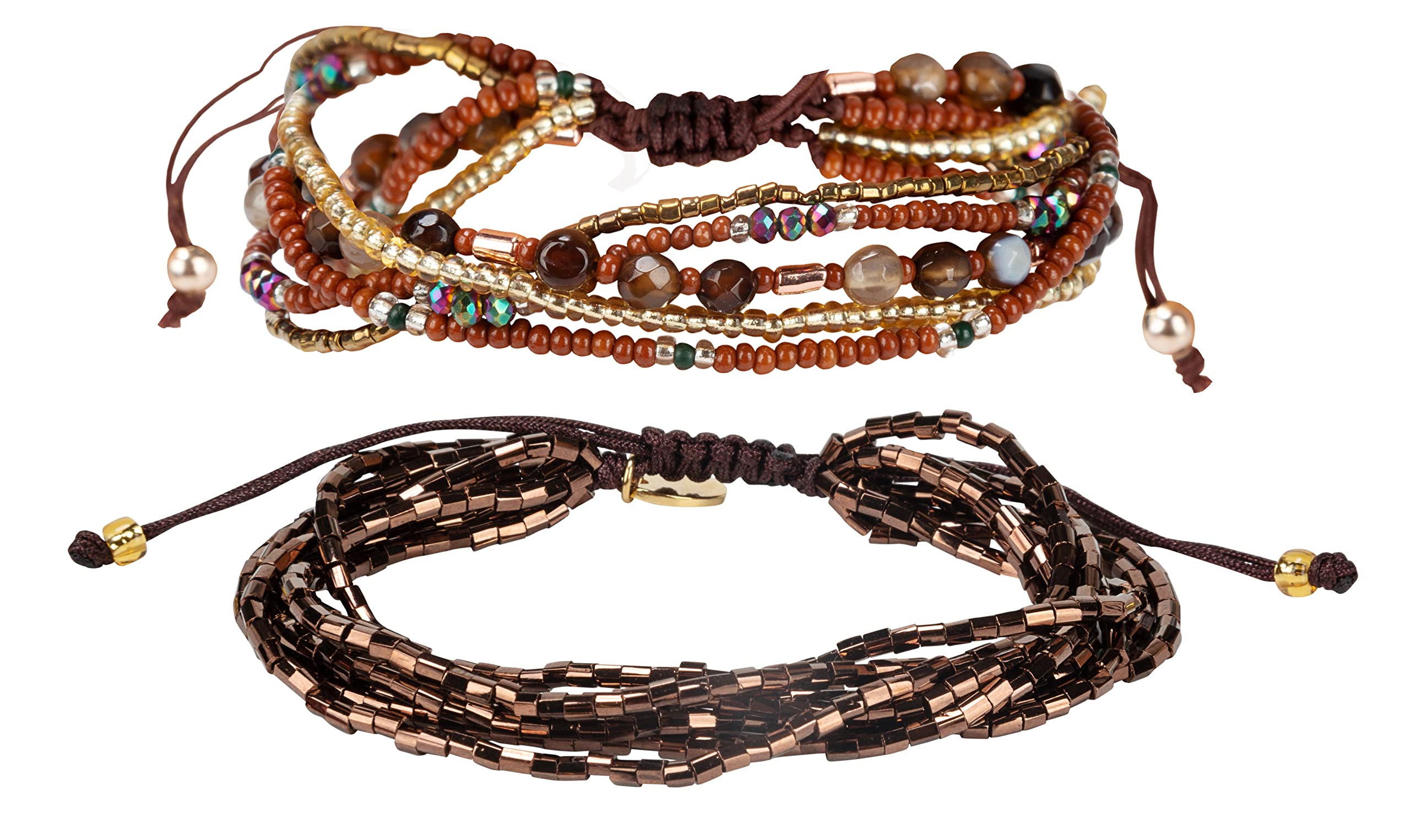 SPUNKYsoul Handmade Boho Beaded Bangle Bracelet Rope Braided Set for Women (Brown 2 PC Set)