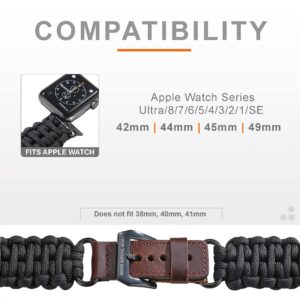 Savior Survival Gear Paracord Watch Band Compatible with Apple Watch 42mm/44mm/45mm/49mm (iWatch Series 8/7/6/5/4/3/2/1) with Stainless Steel Adjustable Buckle (Black, Adjustable)