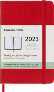 moleskine classic 12 month 2023 weekly planner, hard cover, pocket (3.5" x 5.5"), scarlet red