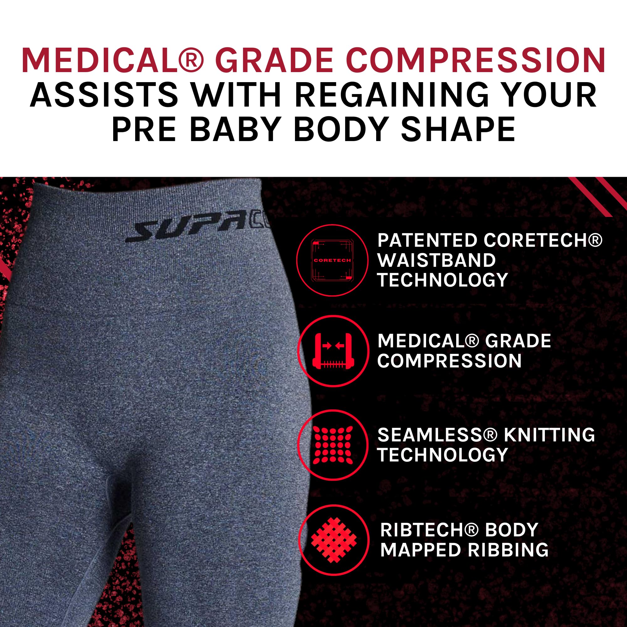 SUPACORE Women's Abdominal Support Postpartum Compression Leggings - Seamless, SI Belt Hip Stability, Joint & Muscle Support Grey Marle