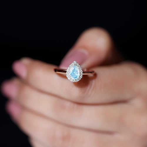 Natural Ethiopian Opal Diamond Halo Engagement Ring, AAA Quality, 5X7MM Pear Shaped Opal Teardrop Ring - Ready To Gift, 14K Rose Gold, Size:US 8.00