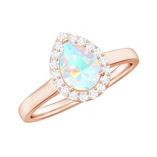 Natural Ethiopian Opal Diamond Halo Engagement Ring, AAA Quality, 5X7MM Pear Shaped Opal Teardrop Ring - Ready To Gift, 14K Rose Gold, Size:US 8.00