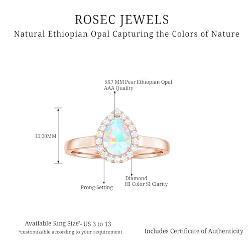 Natural Ethiopian Opal Diamond Halo Engagement Ring, AAA Quality, 5X7MM Pear Shaped Opal Teardrop Ring - Ready To Gift, 14K Rose Gold, Size:US 8.00