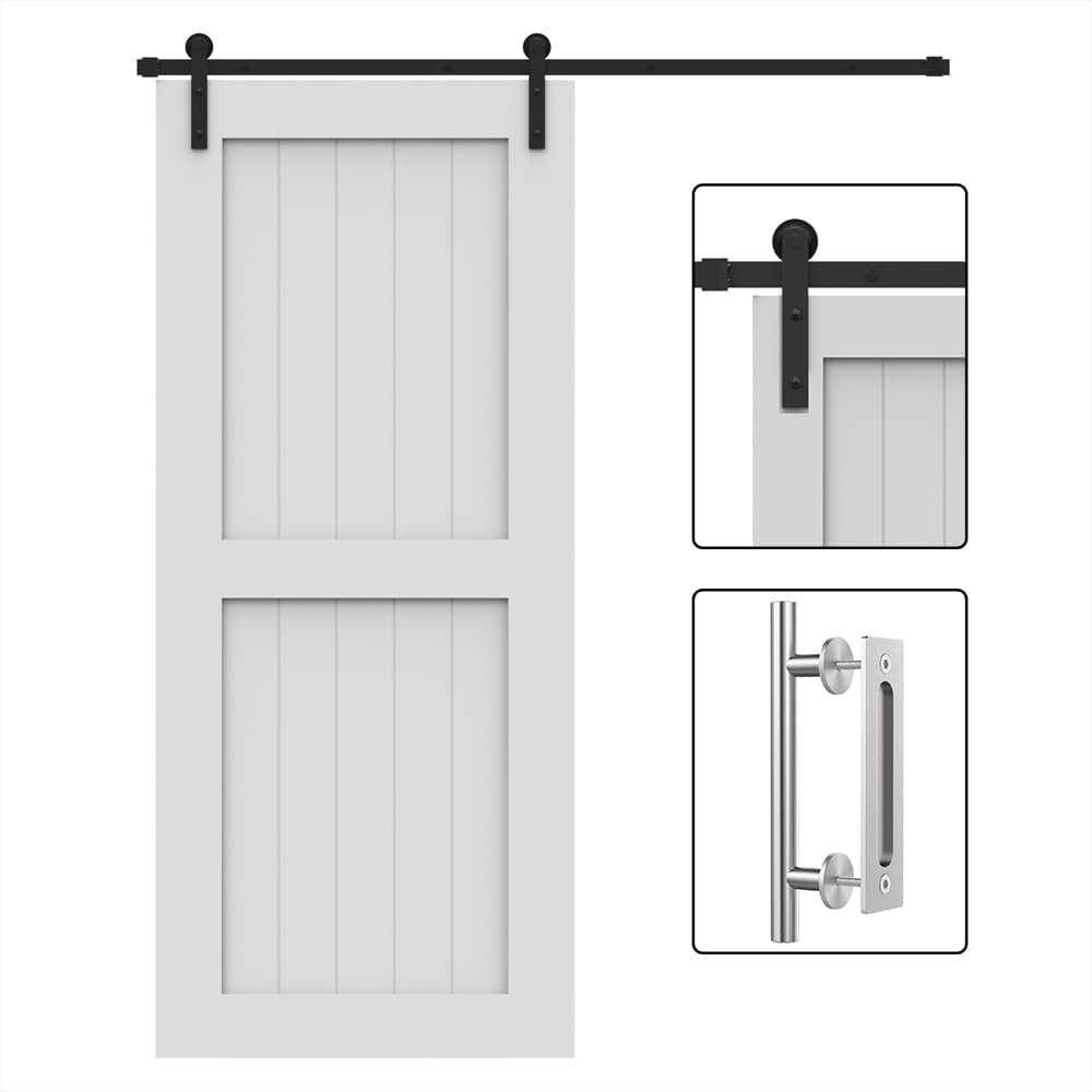 WINSOON Black 9FT Single Door Kit with 12" Sliding Barn Door Handles Brushed Nickel