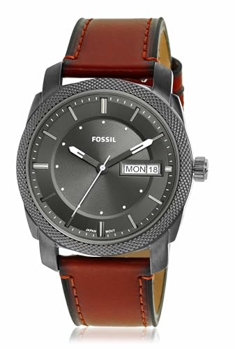 Fossil Men's Machine Quartz Stainless Steel and Leather Three-Hand Watch, Color: Smoke, Amber (Model: FS5900)