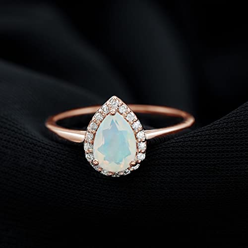 Natural Ethiopian Opal Diamond Halo Engagement Ring, AAA Quality, 5X7MM Pear Shaped Opal Teardrop Ring - Ready To Gift, 14K Rose Gold, Size:US 8.00