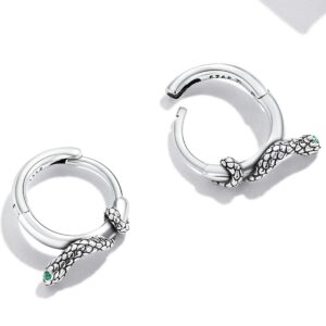 Punk Snake Sleeper Small Hoop Earrings 925 Sterling Silver Personalized Cool Animal Green Crystal CZ Eye Cartilage Tragus Earring Round Huggie Hoops 10mm Statement Earring Studs Ear Piercing Fashion