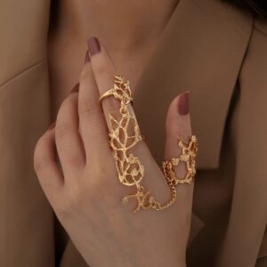 Obmyec Boho Finger Ring Hand Chain Gold Knuckle Ring Bracelets Punk Leaf Ring Harness Bracelet for Women (Gold)