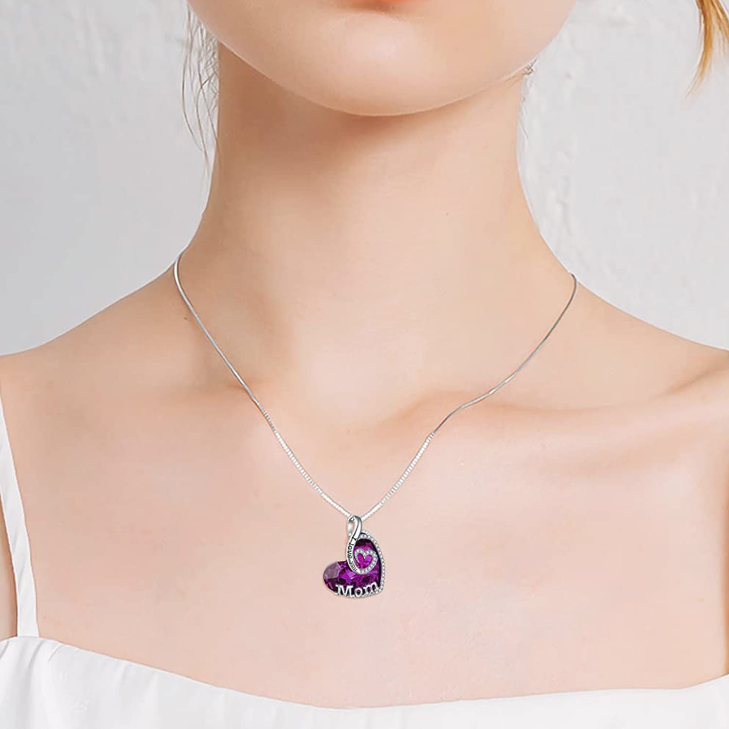 TOUPOP Gift for Mom Sterling Silver I Love You Mom Jewelry with Heart Amethyst Crystal, Birthday Gifts for Mom from Son Daughter