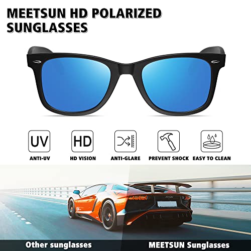 MEETSUN Polarized Sunglasses for Men Classic Retro Sun Glasses for Driving Fishing UV Protection 2 Pack Matte Black Frame Grey Blue Mirrored Lens