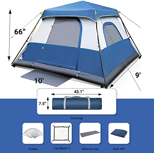 6 Person Tent, Tents for Camping,6 Person 60 Seconds Set Up Camping Tent, Waterproof Pop Up Tent with Top Rainfly, Instant Cabin Tent, Advanced Venting Design, Provide Gate Mat