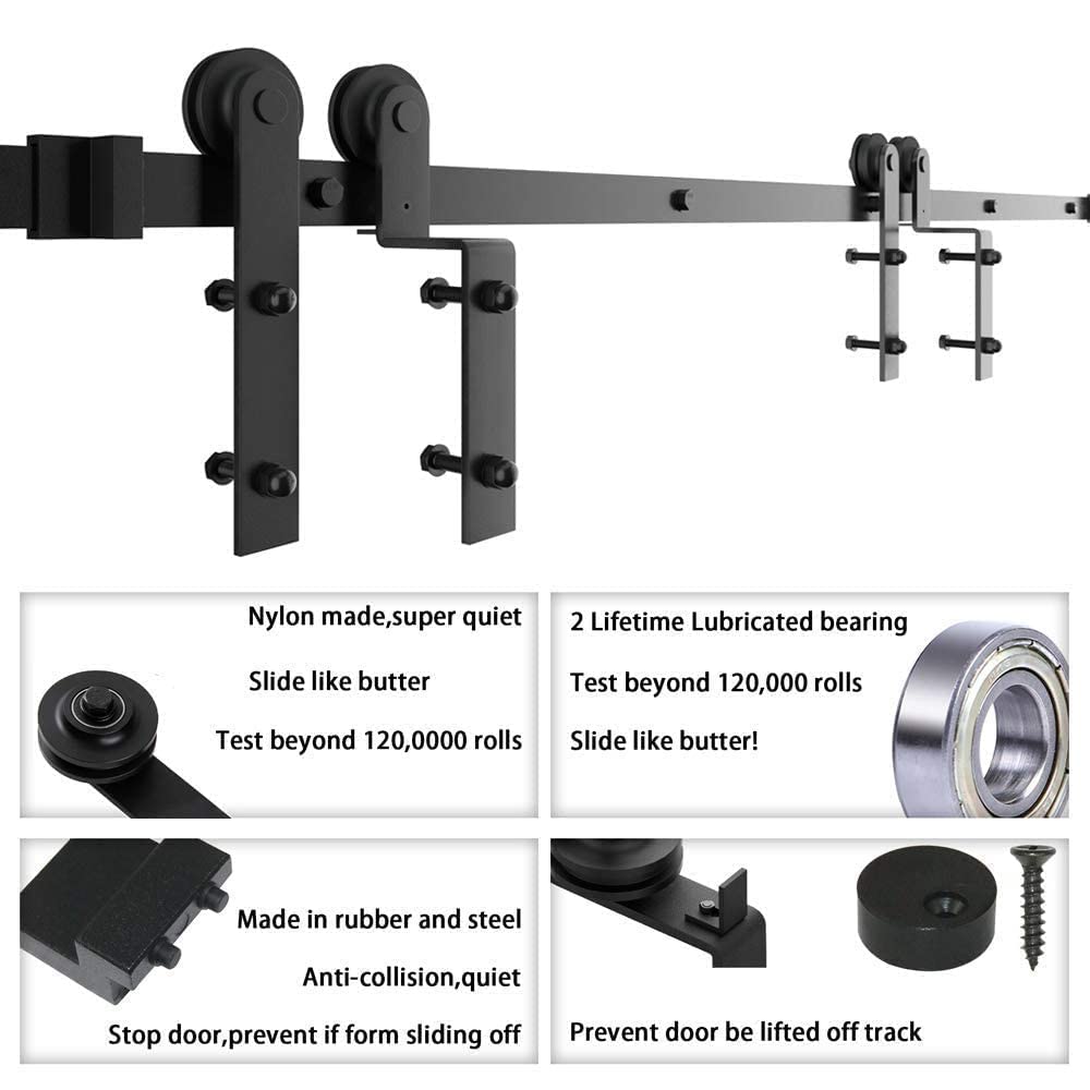 WINSOON 9FT Single Track Bypass Sliding Barn Door Hardware Kit for Double Doors with 2PCS 12 Inch Sliding Barn Door Handles Black Hardware