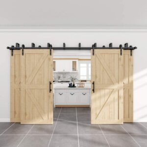 WINSOON 8FT Single Track Bypass Barn Door Hardware Double Doors Kit with 2PCS 12 Inch Sliding Barn Door Handles Black Hardware