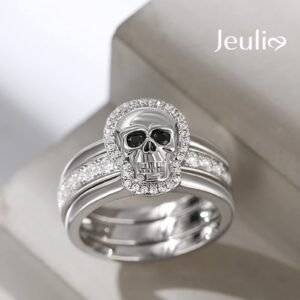 Jeulia Skull Engagement Ring Sets Sterling Silver Interchangeable Promise Eternity Band Rings Diamond with Cubic Zirconia Wedding Engagement Anniversary Promise Bridal Jewelry with Gift Box, silver,