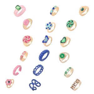 CrazyPiercing Chunky Rings Colorful Cute Chunky Rings Set Resin Acrylic Rings for Women, Teen, Girls, Aesthetic Finger Knuckle Y2K Rings Plastic Trendy Rings Set(18Pcs)