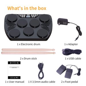 KONIX Electronic Drum Set, Tabletop Electric Drum Kit, 7 Pad Portable Digital Drum Pad Machine with Digital Panel, Built-in Speakers, PC Connection Support, Ideal Gift for Teens and Adult Beginners